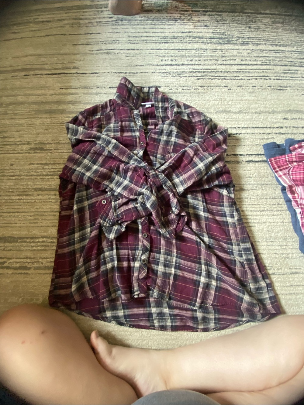 Plaid Button-Up Women’s Top in Burgundy and Cream